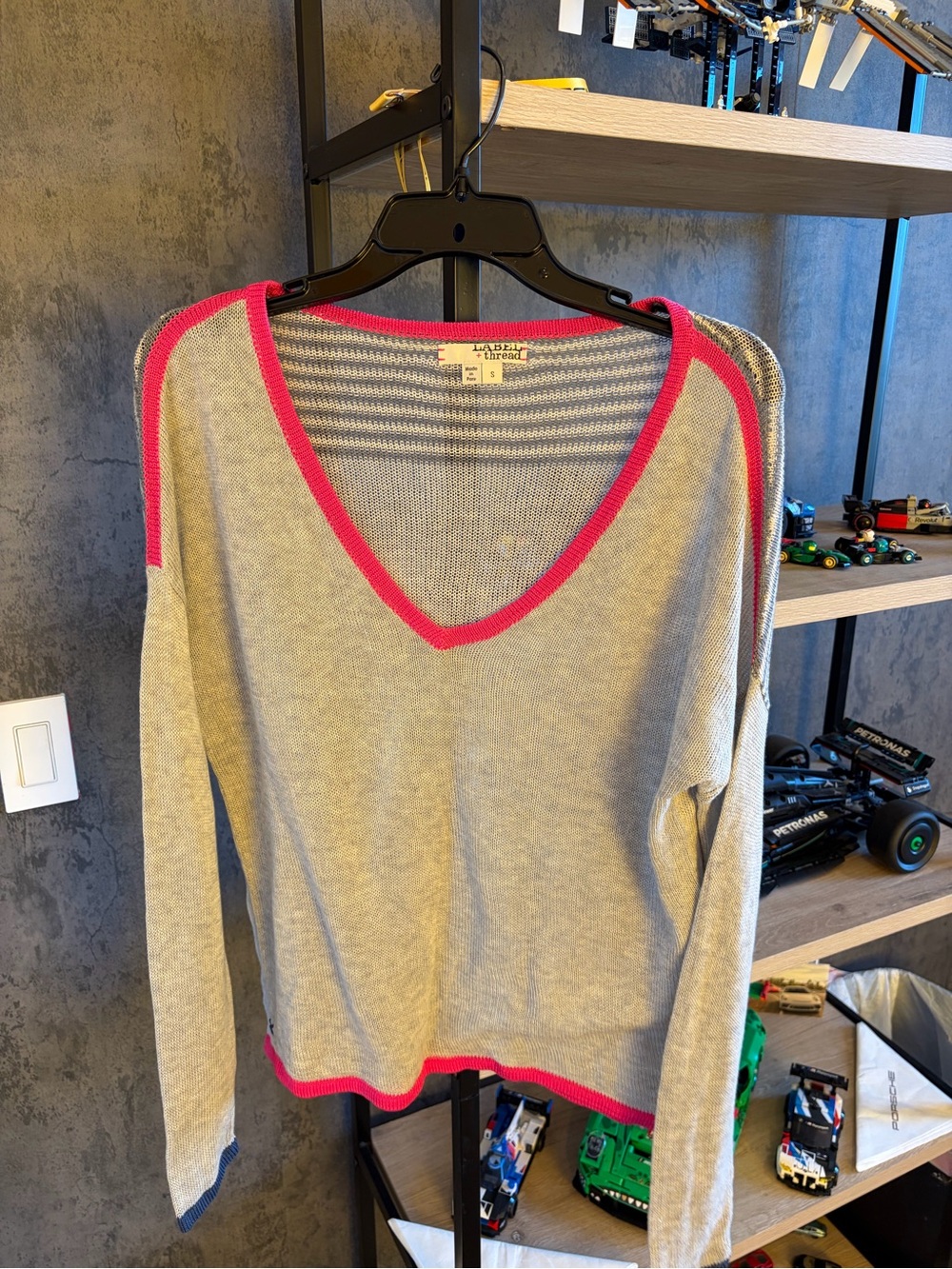 Lafayette 148 New York Gray V-Neck Sweater with Pink Trim label+thread